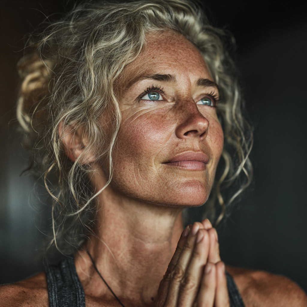 Mature woman in her late 40s demonstrating advanced yoga pose with focus and concentration in bright studio