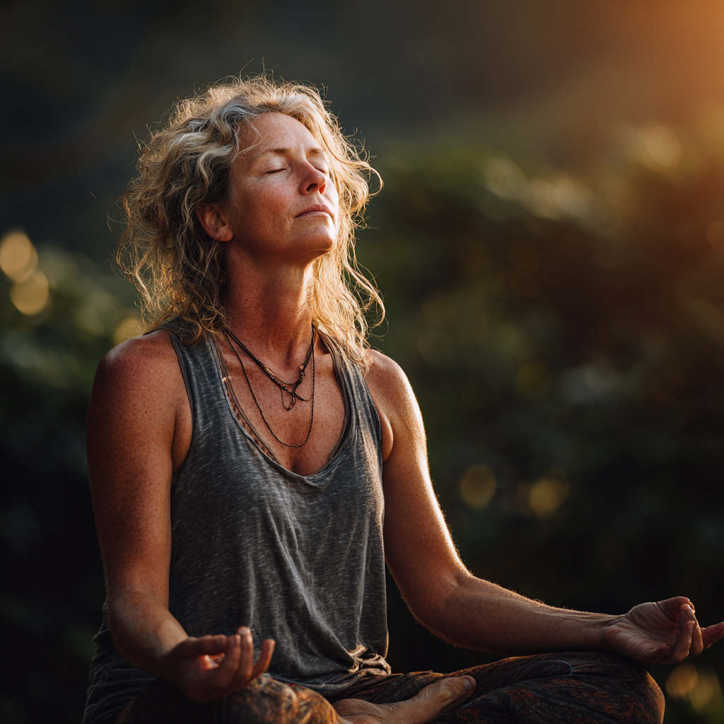 Peaceful middle-aged woman in her 40s practicing yoga meditation pose in serene natural environment