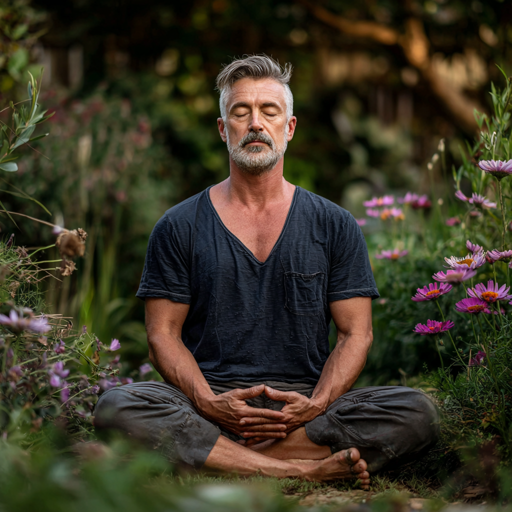 Serene middle-aged man around 50 years old sitting in lotus meditation position in peaceful garden setting